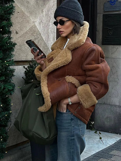 maoxiangshop  -  Vintage Lapel Lambwool Brown Jackets Women Elegant Casual Plush Single Breasted Warm Coat Female Winter Versatile Street Outwear