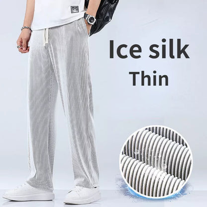 maoxiangshop Summer Straight Pants Men's Loose Thin Section Drape Ice Silk Pants Wide Leg Sports Pants Casual Pants Fits 100kg