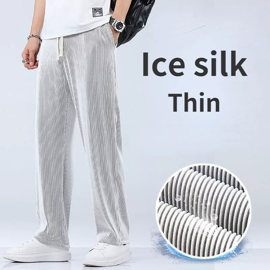 maoxiangshop Summer Straight Pants Men's Loose Thin Section Drape Ice Silk Pants Wide Leg Sports Pants Casual Pants Fits 100kg