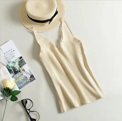 maoxiangshop Women Hook Flower Lace Tank solid Stitching V-neck Camis Female Knitted Short Slim Sleeveless Shirt Tank Casual Tops