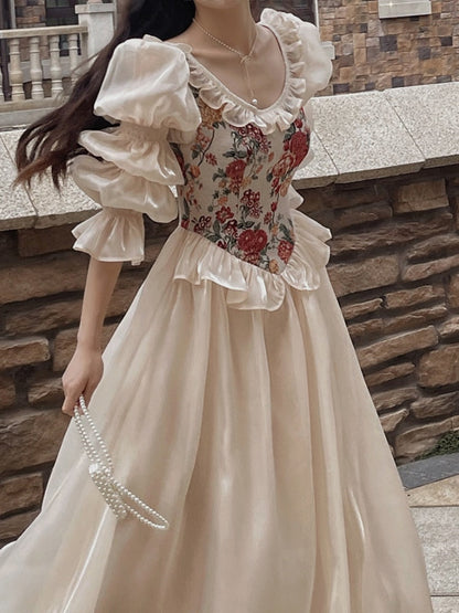 Vintage Elegant Print Floral Dress Women Autumn O-neck Casual Evening Party Midi Dress Female Puff Sleeve Korea Fairy Dress