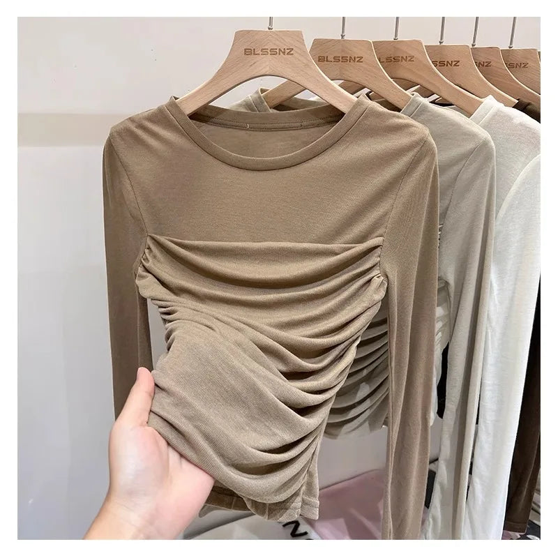 maoxiangshop Solid Ruched Vintage Shirt Women Long Sleeve Designer Y2k Elegant Casual Tops Female Korean Fashion Retro Chic Clothes