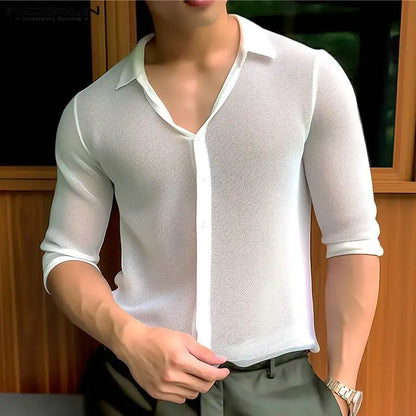 maoxiangshop 2024 Men's Shirt Lapel Half Sleeve Button Solid Color Summer Casual Men Clothing Transparent Streetwear Fashion Shirts