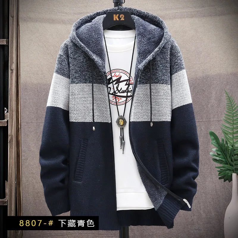 maoxiangshop Winter Men Sweater Add Velvet Cardigan Patchwork Color Stand Collar Male Casual Zipper Knitted Thick Warm Sweatercoat
