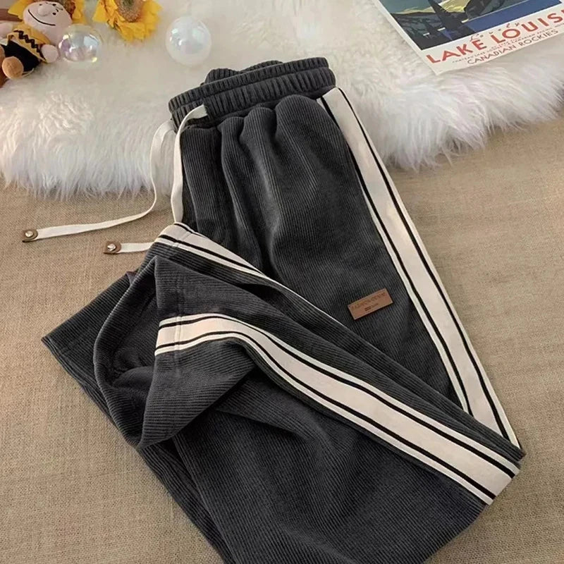 Corduroy Striped Sweatpants Women Streetwear Thick Wide Leg Pants Y2K Harajuku High Waist Joggers Korean Baggy Trousers