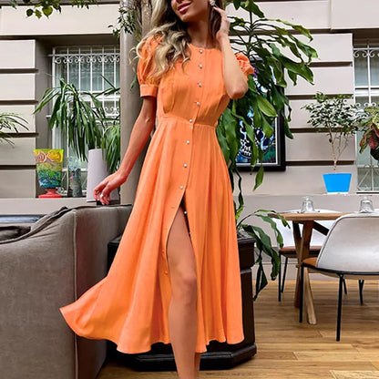 maoxiangshop Women's Summer Long Dress Slit Orange Elegant Short Sleeve Maxi Dresses Office Ladies Buttons Holiday Shirt Dress For Women