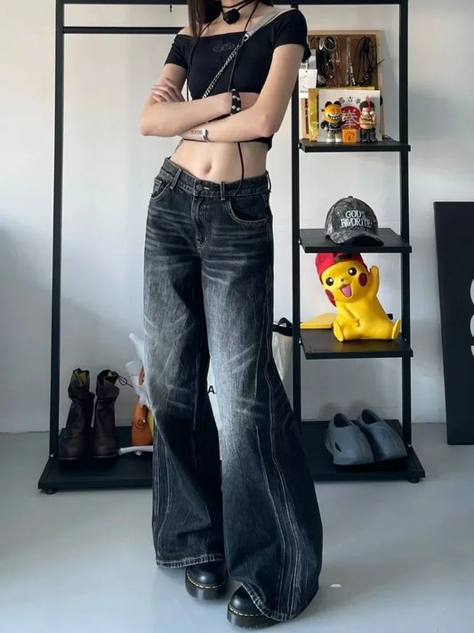 maoxiangshop  -  Grunge Y2k Black Jeans Women Baggy Vintage High Street Oversized Denim Trousers Gothic Gyaru 2000s Acubi Fashion Jeans