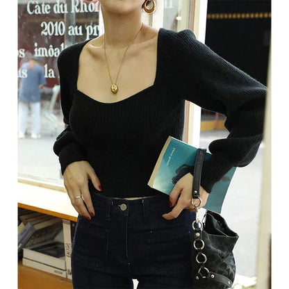 Vintage Square Neck Sweater Women Elegant Solid Knitted Pullovers Korean Slim Knitwear Streetwear All Match Jumper Tops