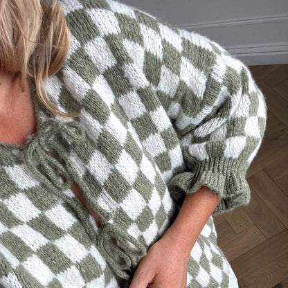 maoxiangshop  -  Women's Tie Front Knitted Cardigan New Style 2024 New Checkered Half Sleeve Sweater Casual Autumn Winter Cardigan Knitwear