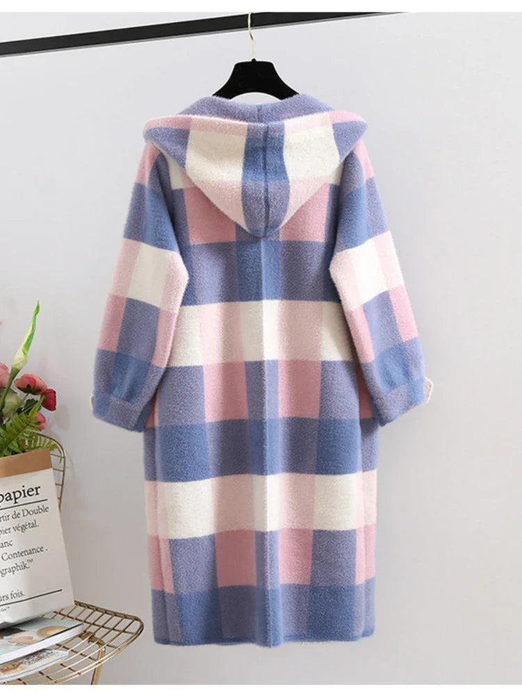 maoxiangshop popular plaid coat winter women's new Korean version imitation mink coat medium long lapel woolen coat