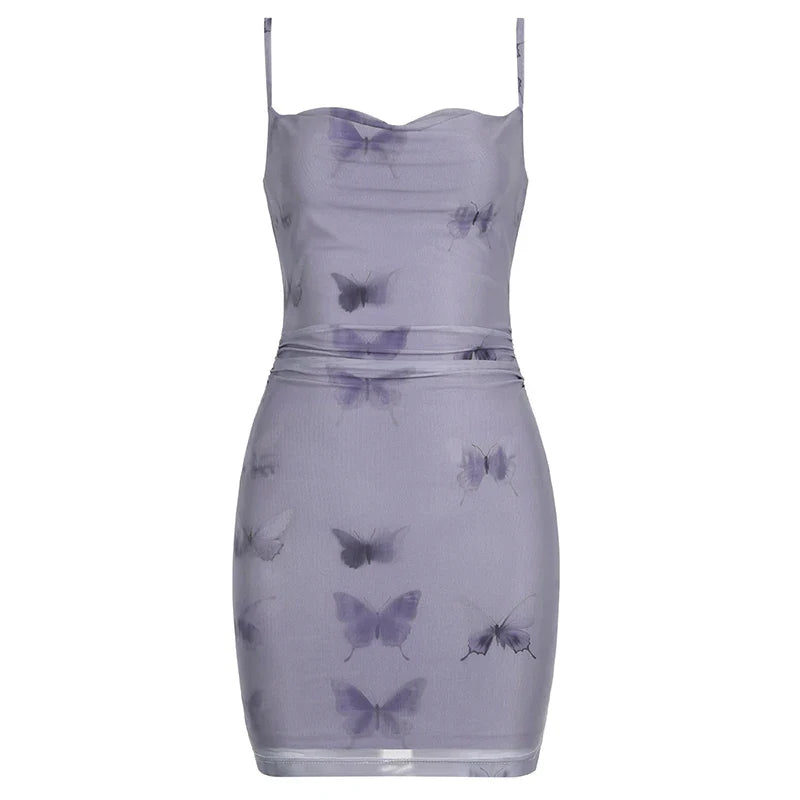 maoxiangshop Korean Style Butterfly Print Mesh Dress Women Harajuku Bodycon Sleeveless Mini Dress Slim-fit Sundress Holiday Party