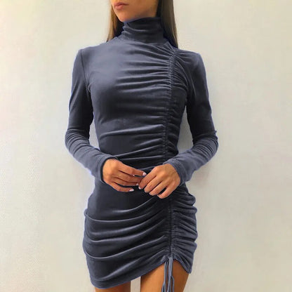 maoxiangshop Autumn And Winter Women's Long-sleeved Tight-fitting Hip Skirt High-neck Tight-fitting Elegant Drawstring Velvet Dress