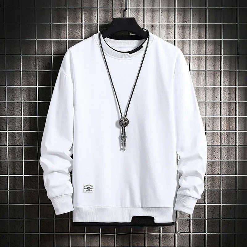 maoxiangshop Mens Casual Sweatshirts Fashion Fake Two Pieces O Neck Hoodies Men Harajuku Streetwear Tops Spring Autumn Solid Male Sweatshirt