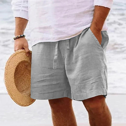 maoxiangshop Men's summer cotton and linen shorts with drawstring elastic waist, straight legs, solid color, breathable daily beach capris
