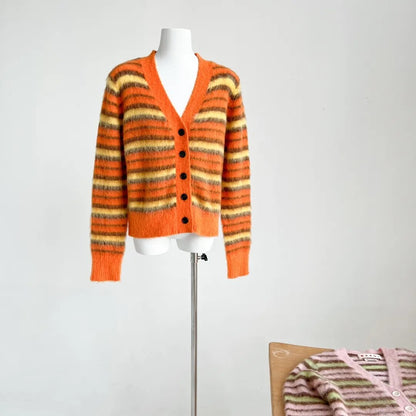 maoxiangshop Striped Cardigan Fuzzy Wuzzy Border Cardigan V-Neck Button Up Knitted Sweater Jacket Women Unisex Autumn Winter