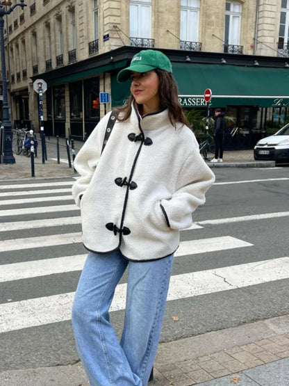 maoxiangshop  -  Fashion Contrast Lamb Wool Jacket  Women Casual Single Breasted Stand Collar Long Sleeves Thick Coat Autumn Winter Lady Outwear