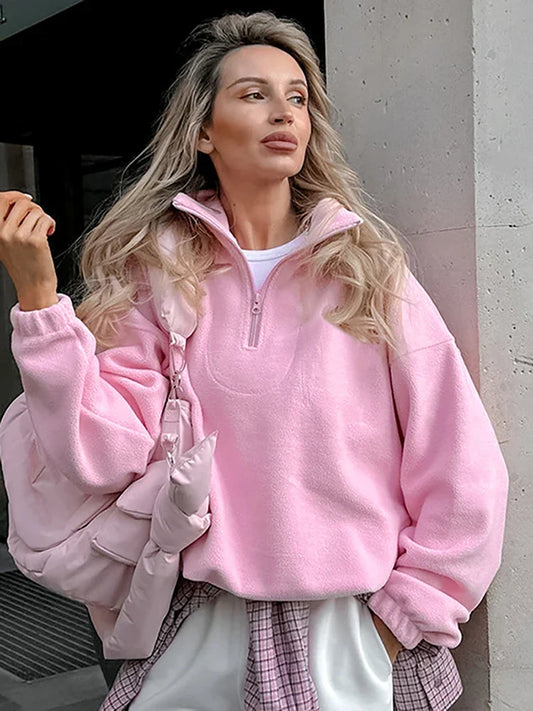 maoxiangshop  -  Fashion Women's Sports Sweatshirts Velvet 2024 Autumn Winter New Niche Solid Loose Casual Outer Top Long Sleeve Pullover