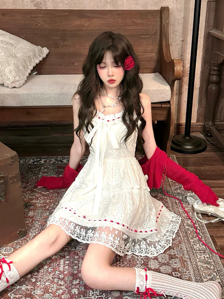 Summer White Lolita Sweet Lace Dress Woman Casual Elegant Y2k Mini Dress Short Party Hot Girls One Piece Dress Korean Fashion