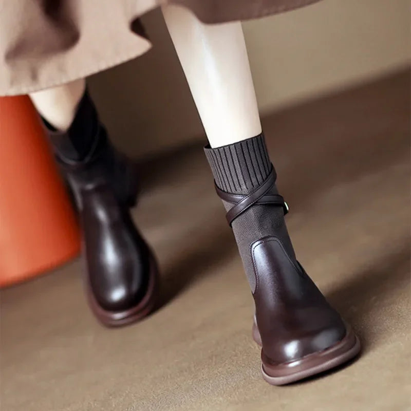 maoxiangshop  -  Knitted Elastic Socks Boots Women 2024 Winter Warm Chunky Heel Platform Ankle Boots Leather Pu Belt Buckle Design Botas Mujer