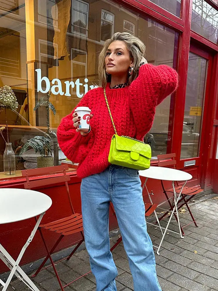 maoxiangshop -  Elegant Women's Knitwear Sweater Loose Thick Warm Casual Solid  Long Sleeve Pullover Autumn Winter Office Basic Female Tops