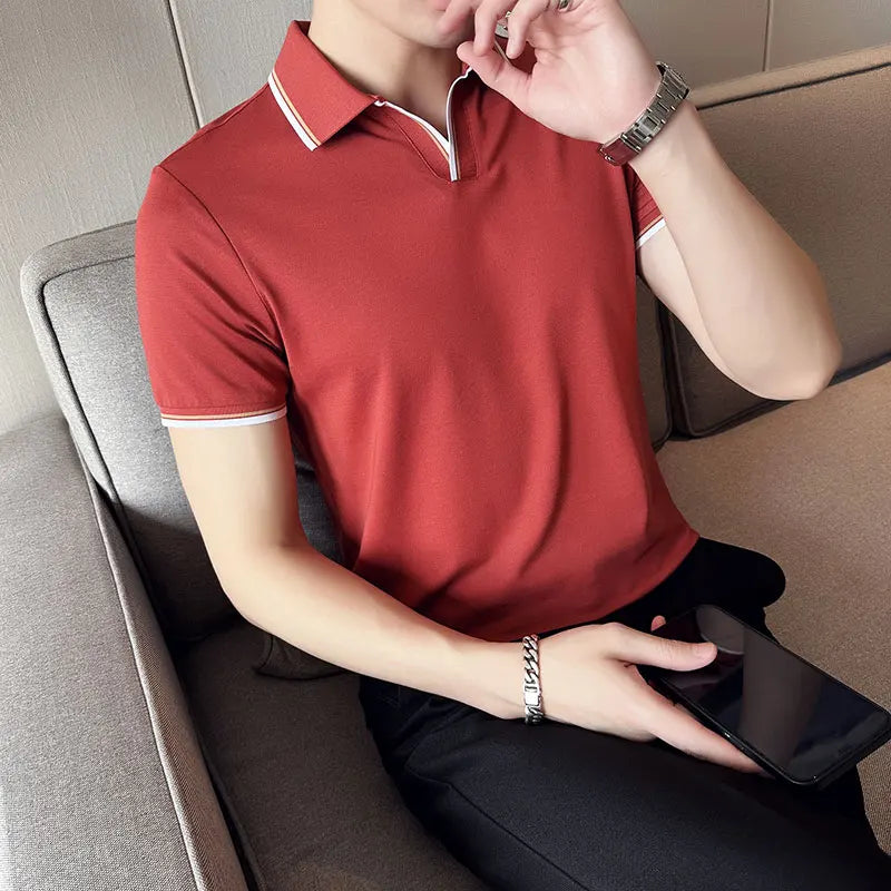 maoxiangshop Mens Short Sleeve POLO Shirt Summer Thin New High Elasticity Solid Color Casual Slim Fit Formal Dress Shirt Men Clothing