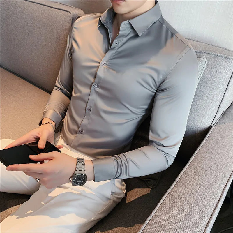 maoxiangshop Mens Shirts Autumn New Long Sleeve Stripe Dress Shirt Solid Casual Formal Wear Slim Fit Chemise Homme Camisas Men Clothing