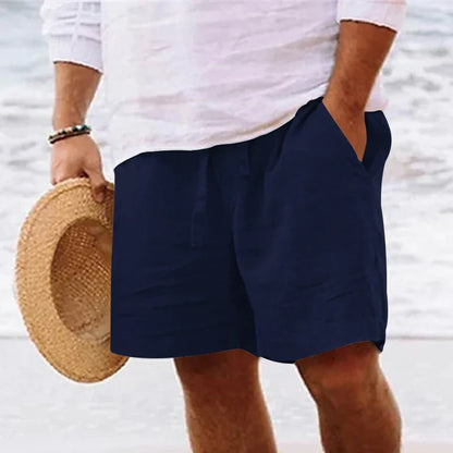 maoxiangshop Men's summer cotton and linen shorts with drawstring elastic waist, straight legs, solid color, breathable daily beach capris