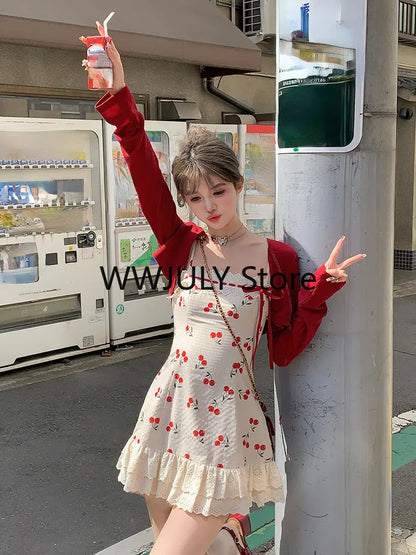 New Red Casual Crop Tops Cardigan Sweet Lace Y2k Mini Dress Party Sexy Strap Dress Korean Fashion Suit Woman Autumn Chic