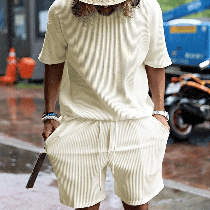 maoxiangshop Summer Men's Striped Suit Loose Crew Neck Short-sleeved T-shirt And Shorts Solid Color Sports Casual Two-piece Set
