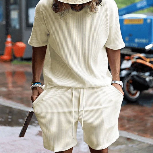 maoxiangshop Summer Men's Striped Suit Loose Crew Neck Short-sleeved T-shirt And Shorts Solid Color Sports Casual Two-piece Set
