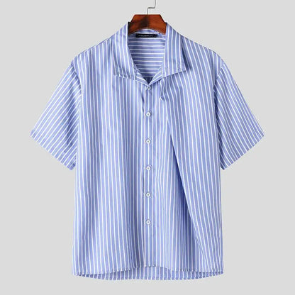 maoxiangshop 2024 Men Striped Shirt Stand Collar Short Sleeve Summer Streetwear Men Clothing Pleated Fashion Casual Male Shirts S-5XL
