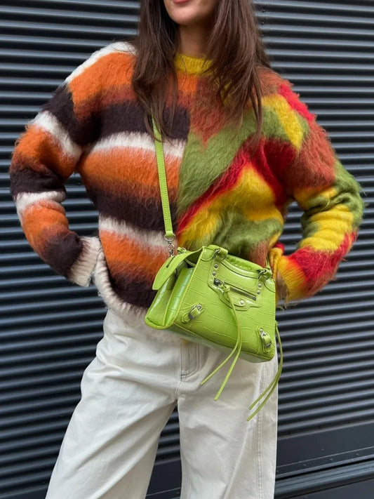 maoxiangshop  -  Mohair Rainbow Color Knitted Sweater Women Striped Chic Loose O-neck Warm Pullover 2024 Autumn Long Sleeve Street Jumper Tops