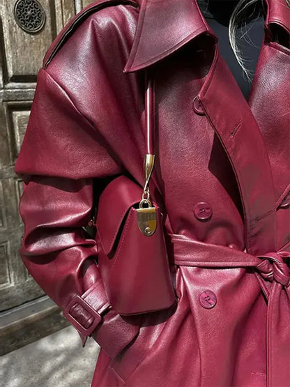 maoxiangshop  -  Fashion Retro Wine Red Long Women's Coat Turndown Collar Double Breasted Coats with Belt Vintage Windproof Winter Overcoat
