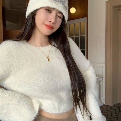 Deeptown Vintage Mohair Cropped Sweater Women Korean Fashion Slim Knitted Jumper Elegant Soft Warm Flare Sleeve Tops High Street