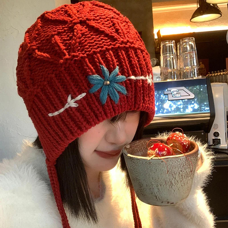 maoxiangshop  -  Knitted Beanies Hat for Women Bohemian Tassel Flower Crocheted Woolen Pullover Cap Autumn Winter Warm Thicken Ear Protection Cap