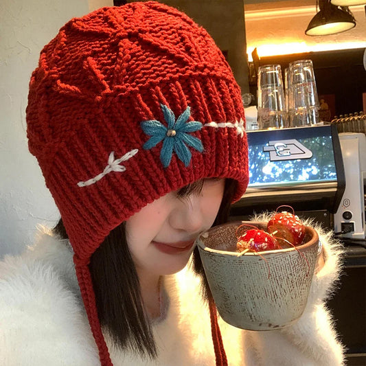 maoxiangshop  -  Knitted Beanies Hat for Women Bohemian Tassel Flower Crocheted Woolen Pullover Cap Autumn Winter Warm Thicken Ear Protection Cap
