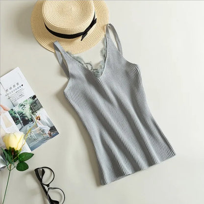 maoxiangshop Women Hook Flower Lace Tank solid Stitching V-neck Camis Female Knitted Short Slim Sleeveless Shirt Tank Casual Tops