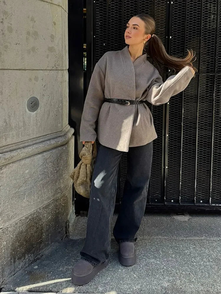 maoxiangshop  -  Winter Fashion Grey Khaki V Neck Full Sleeves Women Coat Elegant Solid Color Casual Loose Jacket Woman Autumn Commuter Outerwear