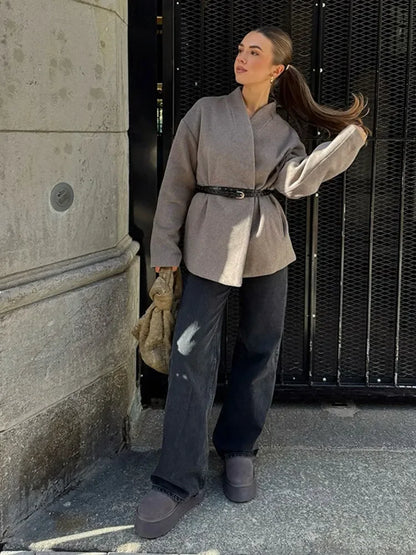 maoxiangshop  -  Winter Fashion Grey Khaki V Neck Full Sleeves Women Coat Elegant Solid Color Casual Loose Jacket Woman Autumn Commuter Outerwear