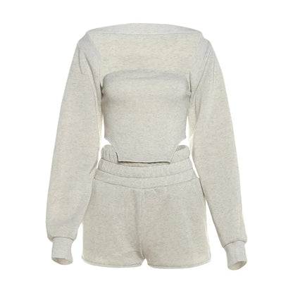 maoxiangshop  -  2024 Fall Winter Women Solid Sweatsuits 3 Piece Set Strapless Tanks Top + Long Sleeve Cardigans + Shorts Casual Streetwear Suits