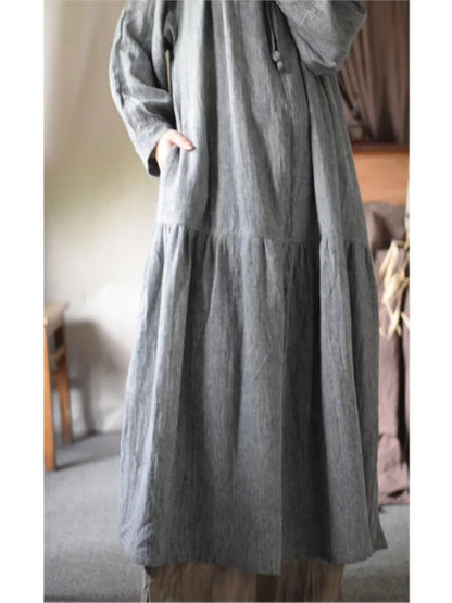 Women Retro Loose Flax Dress 2024 New Spring Summer O-Neck Drawstring Wrist Sleeve Casual Dress