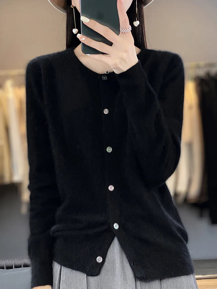 maoxiangshop Aliselect Women Cardigan Super Warm Pure Mink Cashmere Sweaters O-neck Loose Female Clothes Ladies' Solid Color Knitwear Tops