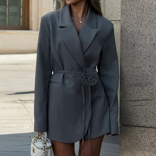 maoxiangshop  -  Fashion Flower Belt Blazers Office Women's Loose With Pockets Long Sleeve Coat Solid Color Casual Blazers 2024 Autumn New
