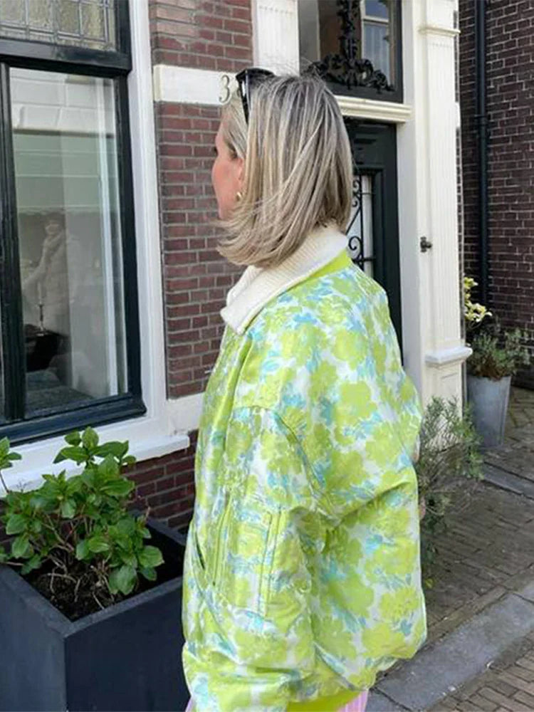 maoxiangshop  -  Casual Printed Women Jacket Commute O-neck Long Sleeves Zipper Female Jacket High Street Bohemian Oversize Lady Coat 2024 Autumn