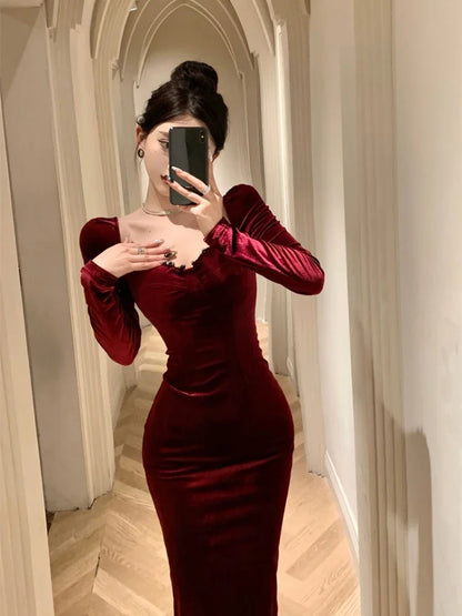 maoxiangshop NEW YEAR DRESS TO IMPRESS Autumn Winter Dresses Women Elegant Sexy Square Collar Slim Long Sleeve Vintage Velvet Dress Female French Style Chic