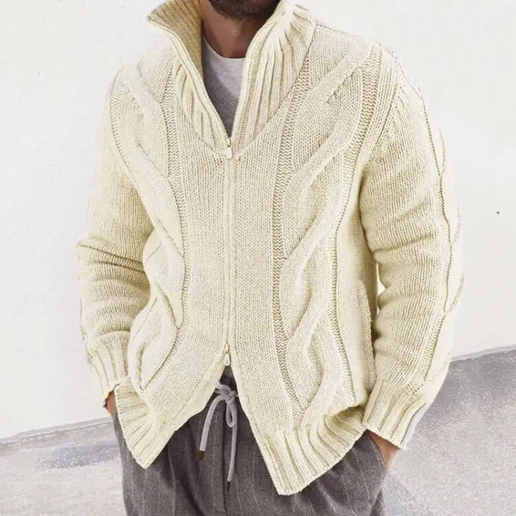 maoxiangshop Fashion Slim Knitted Sweatercoat Men Casual Zip-up Turtleneck Knit Cardigans Autumn Winter Vintage Twist Jacquard Mens Sweaters