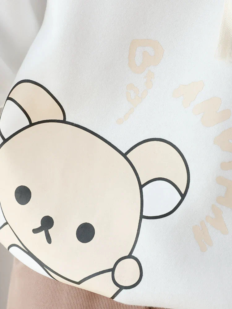 maoxiangshop Harajuku Cartoon Bear Print Kawaii Hoodies Women Winter Long Sleeve Drawstring Fleece Hooded Sweatshirt Female Pullover Top