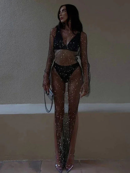 maoxiangshop-Y2K Sexy Shiny Rhinestones Grid Fishnet Dress Long Sleeve Hollow Out Side Slit Dress Beach Cover Up Breathable Lady Vestidos
