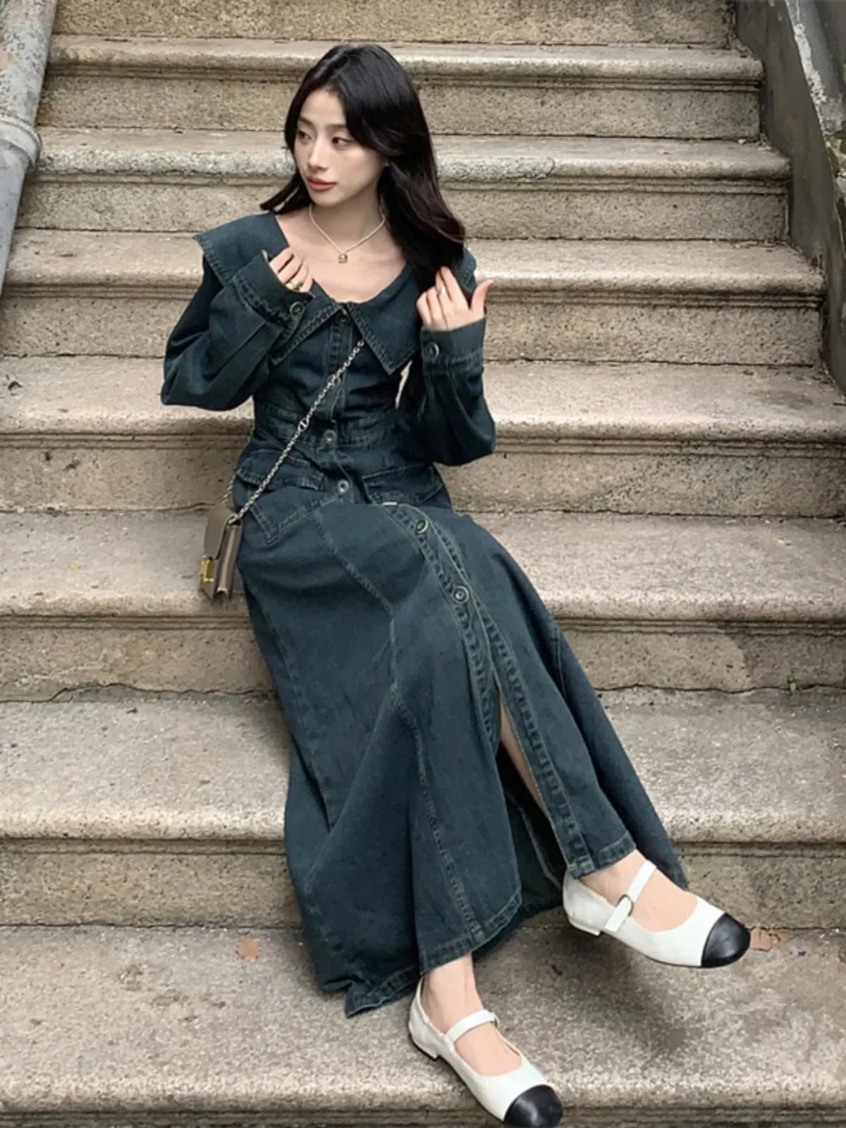 maoxiangshop  -  Retro Thick Denim Dress 2024 New Autumn Women's Doll Collar Single Breasted Long Sleeve Dress Fashion High Street Slimming Wear