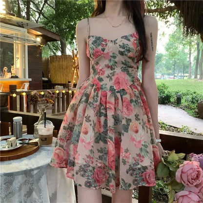 maoxiangshop Elegant High-waisted Slimming Floral Tank Dress For Women Spring Summer French Style Petite Mini Dress A- line Sleeveless